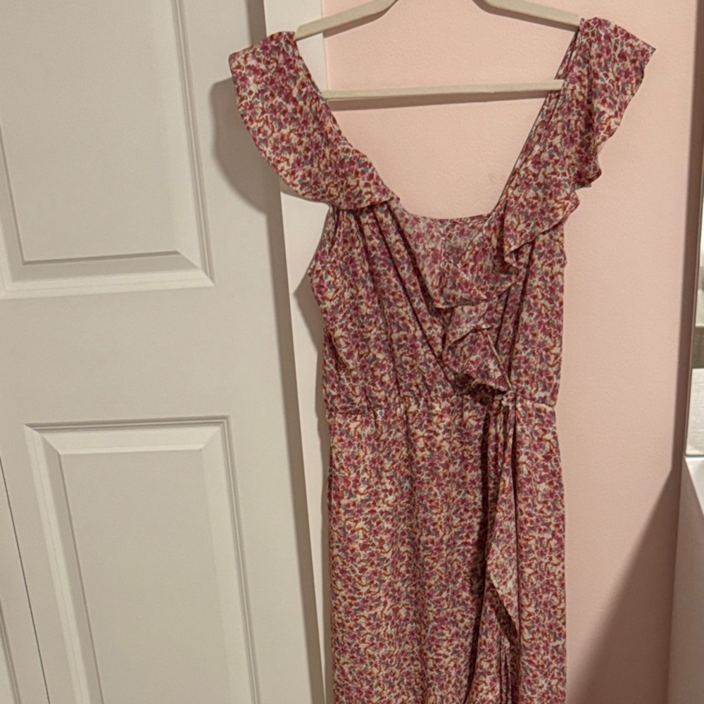 Socialite Asymmetrical Floral Dress with Soft Ruffle on Sleeves - Pink and Red